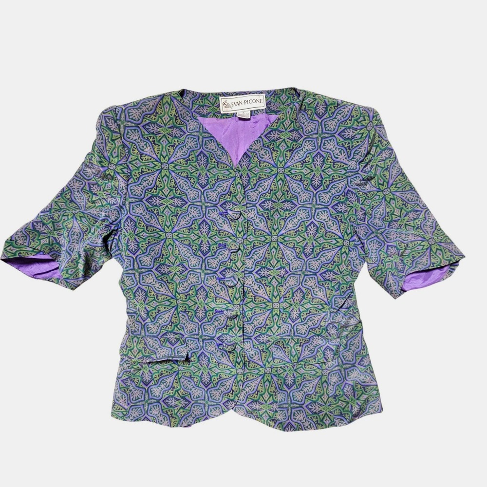 Vintage Evan-Picone‎ Silk Short Sleeve Button Front Top 6 Geometric Art Deco